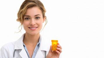 A woman in a lab coat holding a pill bottle photo
