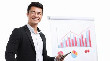 Asian man in suit holding tablet computer and pointing to a whiteboard photo