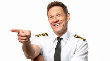 A man in a pilot uniform pointing at something photo