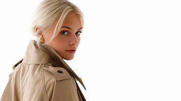 A woman in a trench coat looking away from the camera photo