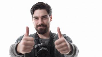 A man with a camera giving thumbs up photo