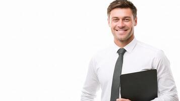 A man in a shirt and tie holding a folder photo
