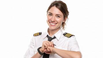 A woman in uniform is smiling and holding her watch photo