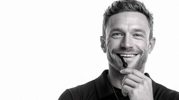 A man is smiling while holding a toothbrush photo