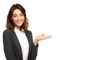 A woman is holding up her hand and smiling photo