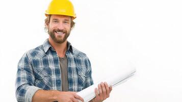 A smiling man holding blueprints and wearing a hard hat photo