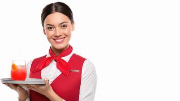 A flight attendant holding a tray with a drink photo
