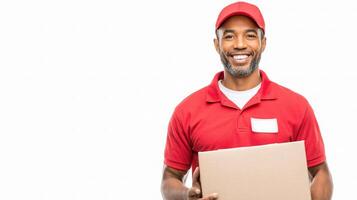 A smiling black man holding a box photo