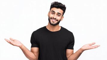 A man with a beard and a black shirt is standing with his hands open photo