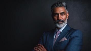 A man with a beard and suit standing in front of a black background photo