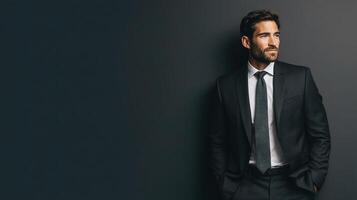 A man in a suit and tie standing against a black background photo
