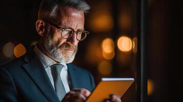 A man in a suit and glasses is looking at his tablet photo