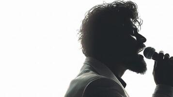 A silhouette of a man singing into a microphone photo