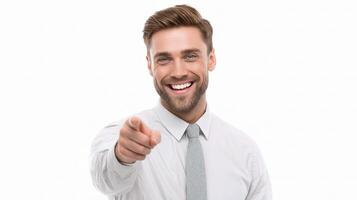 A smiling man in a shirt pointing at something photo