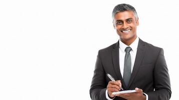 A man in a suit holding a clipboard and writing photo