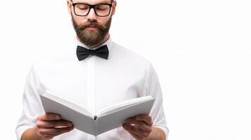 A man with a beard and glasses is reading a book photo