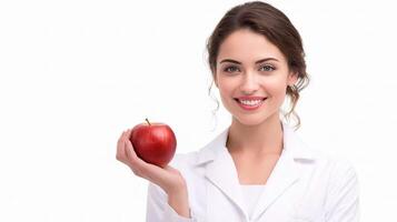 A woman in a lab coat holding an apple photo