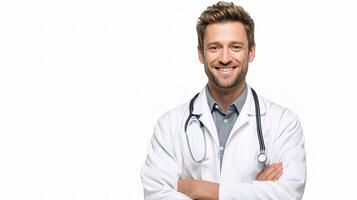 A male doctor is smiling and standing with his arms crossed photo