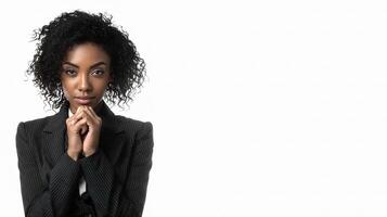 A woman in a business suit is looking at the camera photo
