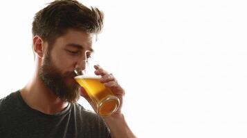A man with a beard drinking from a glass of beer photo