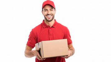 A smiling man in a red shirt holding a box photo