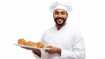 A man in a chef's uniform holding a tray with pastries photo