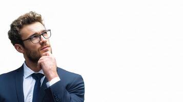 A man in a suit and glasses is thinking photo