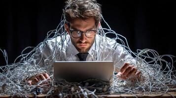 A man in a tie and glasses sitting at a table with a laptop photo