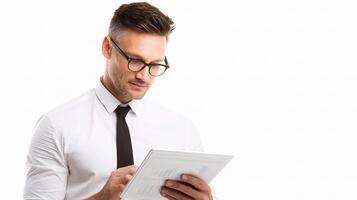 A man in a shirt and tie is holding a tablet photo