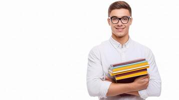 A man in glasses holding a stack of books photo