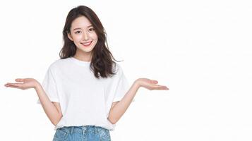 A woman in a white t - shirt and jeans is holding something out photo