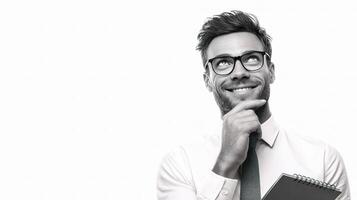 A man in glasses is holding a notepad photo