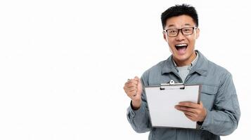 A man in glasses holding a clipboard and smiling photo