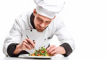 Chef preparing salad on plate photo