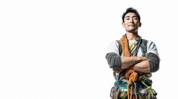 A man in a climbing harness with his arms crossed photo