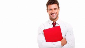 A smiling man holding a red folder photo