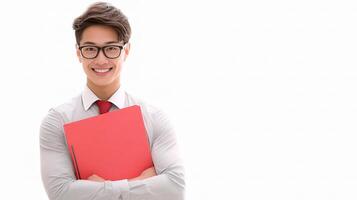 A man in glasses holding a red folder photo