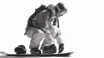 A snowboarder kneeling on the ground with his snowboard photo