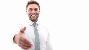 A smiling man in a white shirt and tie photo