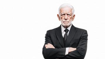 An old man in a suit and tie standing with his arms crossed photo