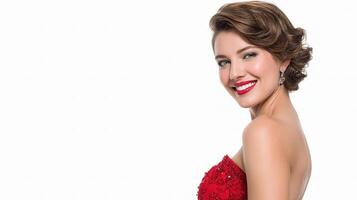 A woman in a red dress posing for the camera photo