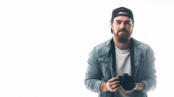 A bearded man in a cap holding a camera photo