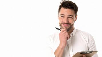 A man is holding a clipboard and looking at the camera photo