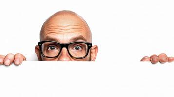 A bald man with glasses peeking over a blank board photo