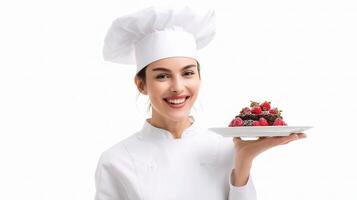 A woman in a chef hat holding a plate with a cake photo