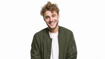 A man with curly hair wearing a green jacket photo