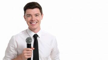 A man in a white shirt and black tie holding a microphone photo