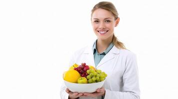 A woman in a lab coat holding a bowl of fruit photo