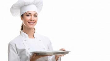 A woman in a chef hat holding a plate photo