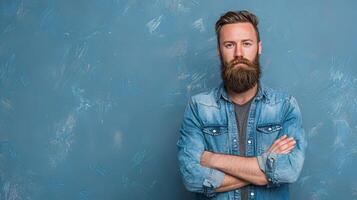 A man with a beard and a denim shirt standing in front of a blue wall photo